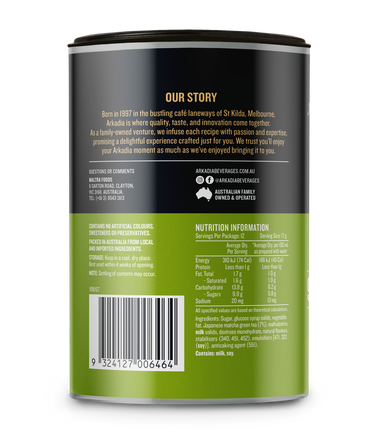 Back label of a green and black container with text and a barcode.